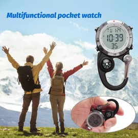 VOSO Carabiner Watch Multifunctional Luminous Clip on Carabiner Watch Mini Quartz Watch Compass, Clip On Luminous Multifunctional Carabiner Watch for Outdoor Activities (Black with Silver Frame)