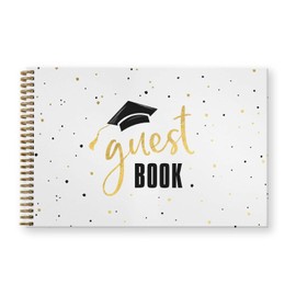 Hardcover Black Faux Gold Graduation Guestbook / 120 Lined Guest Signature Pages Inside / 5.5" x 8.5" Landscape Lay Flat Gold Metal Spiral Binding Gender Neutral Grad Party Décor