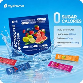 Hydravive Sugar Free Electrolyte Powder Packs - Variety Pack Daily IV Hydration Drink Mix with Ashwagandha, L-Theanine, Lion’s Mane & B Vitamins - Rapid Recovery Energy Support Supplement (30 Sticks)