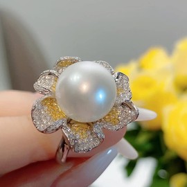 IMINI Elegant Pearl Flower Engagement Rings for Women Girls Crystal CZ Big Pearl Wrap Finger Band Open Statement Ring Anniversary Promise Wedding Ring Dainty Jewelry Gifts for Women Girls
