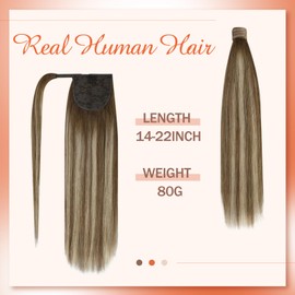 Sunny Hair Ponytail Extension Human Hair Wrap Around Ponytail Extension Straight Pony Tails Hair Extensions Clip in Ponytail Hair Extensions for Women 80G Medium Brown Balayage Blonde 22inch