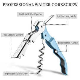 HYZ 2-Pack Wine Opener Waiter Corkscrew, Professional Wine Key for Servers, Bartender with Foil Cutter, Manual Wine Bottle Opener Double Hinged (Sky Blue)
