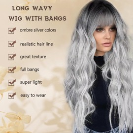 MINSEEYOO Silver Wig with Bangs for Women Long Silver Gray Wavy Wigs 26 Inch Silver Grey Wigs Natural Looking Heat Resistant Synthetic Wig for Daily Party Use