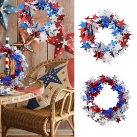 mdgfge 4th of July Patriotic Tinsel Stars Wire Garlands Decoration Metallic Glitter Tinsel Red White Blue Wreath with Stars for Independence Day Memorial Day Party Home Front Door Décor (2 Pcs)