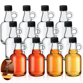 Blushtier 12 Packs 3.4 oz Glass Syrup Bottles with Handle and Black Lids, Mini Maple Syrup Bottles for Party & Wedding Favors Gifts, Honey, Coffee, Juice