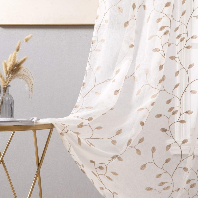 MIULEE 2 Panels Brown Leaves Embroidered Sheer Window Curtains Beautiful