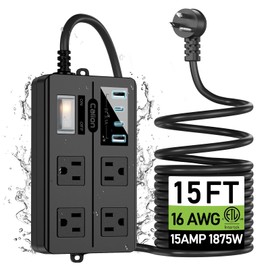 USB Outdoor Power Strip Weatherproof, Waterproof Surge Protector with 3 Wide Outlet with 3 USB Ports, Shockproof Overload Protection,15FT Extension Cord for Outside Decorations,Christmas Lights,Patio