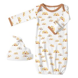 SwaddleDesigns Softest Cotton Baby Hat and Pajama Sleeper Gown with Foldover Mitten Cuffs, Infant Boy and Girl, Watercolor Butterum Sunny Days, Newborn, 0-3 Months