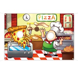 Pizza Party Backdrop 5 x 3.3 ft, Pizza Restaurant Photography Background, Pizza and Chef Face Cutout Photo Props, Pizza Birthday Party Decoration, Pizza Lover Face in Hole Selfie Photo Prop