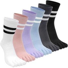 Kevaler Womens Toe Socks Tennis Socks Cotton Retro Striped Socks Five Finger Crew Socks Running Socks Classic for Daily Life, Fitness, Yoga, Sports, Workout, UK 4-8, 6 Pairs
