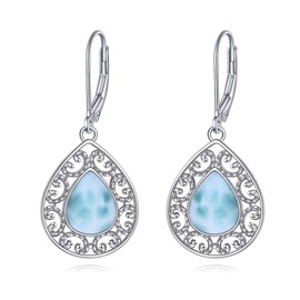 Moonstone Earrings for Women 925 Sterling Silver Filigree Moonstone Drop Earrings Leverback Jewellery Gifts, Sterling Silver, Larimar