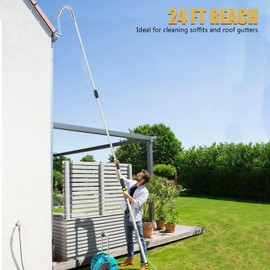 POOPLE Gutter Cleaning Tools, 16ft (24ft Reach) Gutter Cleaners from The Ground, Gutter Hose Extension Wand with Garden Hose Attachment