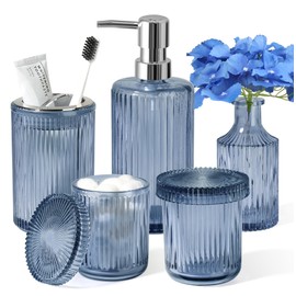 Blue Bathroom Accessories 5 Pcs, Glass Bathroom Accessory Set, Vintage Blue Bathroom Set, Royal Soap Dispenser and Toothbrush Holder Set, Qtip Holder, Small Flower Vase, Modern Bathroom Decor