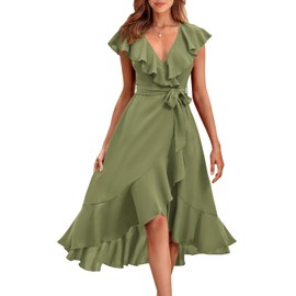 PRETTYGARDEN Women's 2025 Summer Wrap Maxi Dress Casual Boho Deep V Neck Short Sleeve Ruffle Hem Split Beach Long Dresses (Light Army Green,Large)