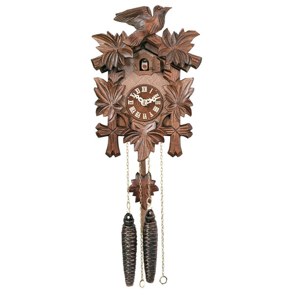 River City Clocks One Day Hand-Carved Cuckoo Clock with Five Maple Leaves & One Bird - 9 Inches Tall - Model # 11-09