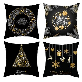 eBoutik - Set of Four Christmas Cushion Covers - Xmas Festive Pillow Decor Designs For Sofa & Beds - Decorative Accessories - Black & Gold