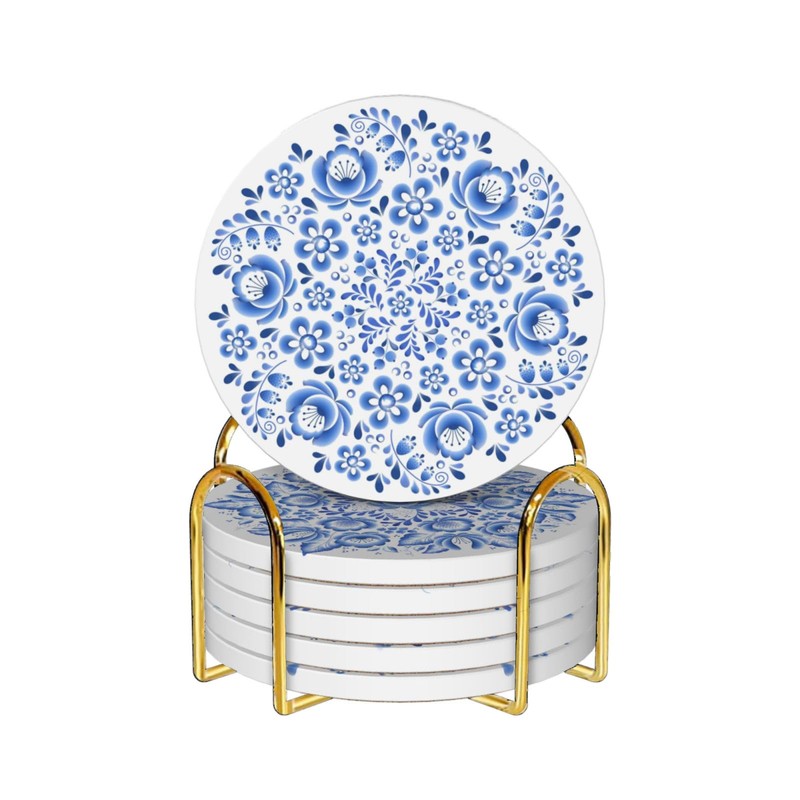 Coasters with Holder,Blue and White Flower Style Ceramic Drink Coaster,