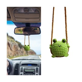 LKAHG Car Mirror Hanging Ornament, Handmade Crochet Swinging Frog Auto Rear View Mirror Pendant Accessories, Cute Vehicle Interior Dangle Charm Decoration, Universal for SUV RV Truck