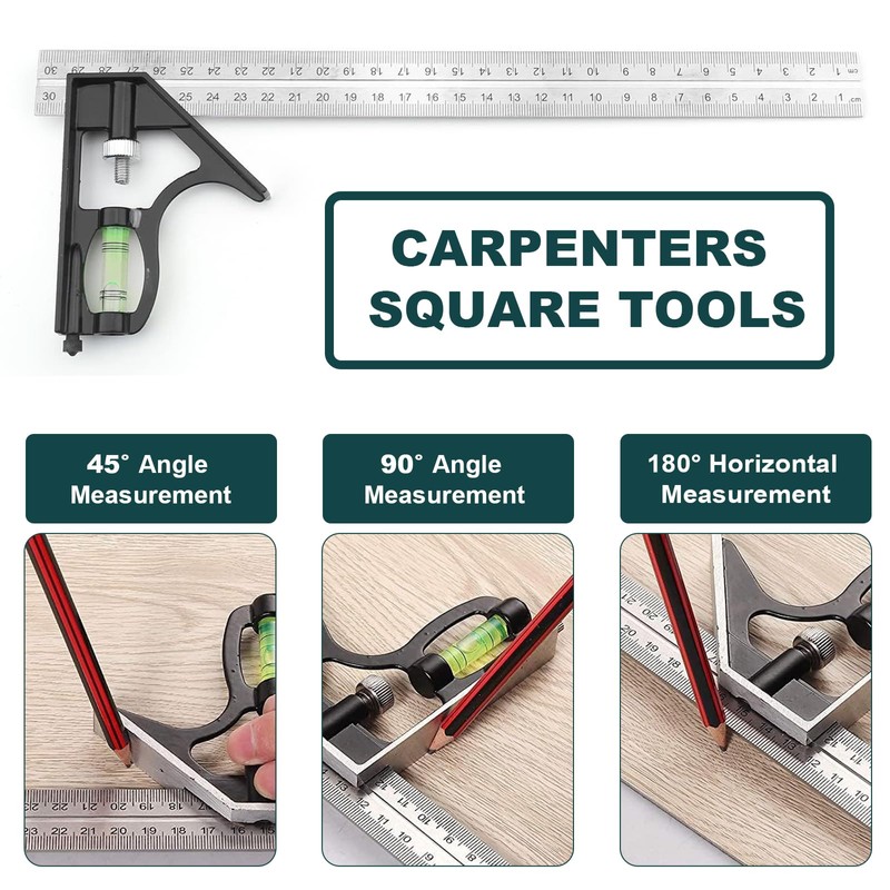 Square Ruler Tool Set, Combination Square Carpentry Tools with 12Inches/300mm
