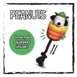 Peanuts for Pets Interactive Camping Themed Snoopy Plush Toy with Sliding Rope - Durable Dog Tug Toy for Large Dogs and Aggressive Chewers - Cute Squeaky Dog Toy in Sleeping Bag Design - 11 Inch