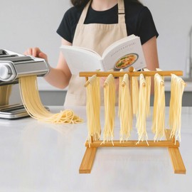 Mozphae Bamboo-Pasta-Drying-Rack with Transfer Wand & 12 Arms, Large Collapsible Fresh Pasta Dryer Holder for Homemade Noodle, Spaghetti, Tagliatelle, Detachable Fettuccine Hanger Stand with 12 Bars