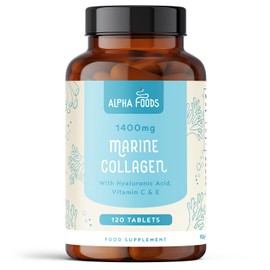 Marine Collagen Tablets 1400mg | with Hyaluronic Acid, Vitamin C, E, Zinc & Biotin | High Strength Hydrolysed Collagen Supplements for Women and Men | 120 Tablets | Skin, Joints & Hair | Alpha Foods