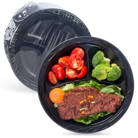 YANGRUI Reusable Plastic Plates, 9 Inch 3 Compartments 150 Pack Food Grade Material BPA Free MFPP Black Dinner Tray