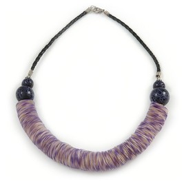 Avalaya Purple Wood/Coin Shell Bead with Black Faux Leather Cord Necklace/50cm Long