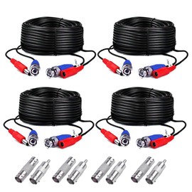 4-Pack 60ft Black Pre-Made All-in-One BNC Male to Male Video and Power Cable Wire Cord with RCA Connector for CCTV Security Camera