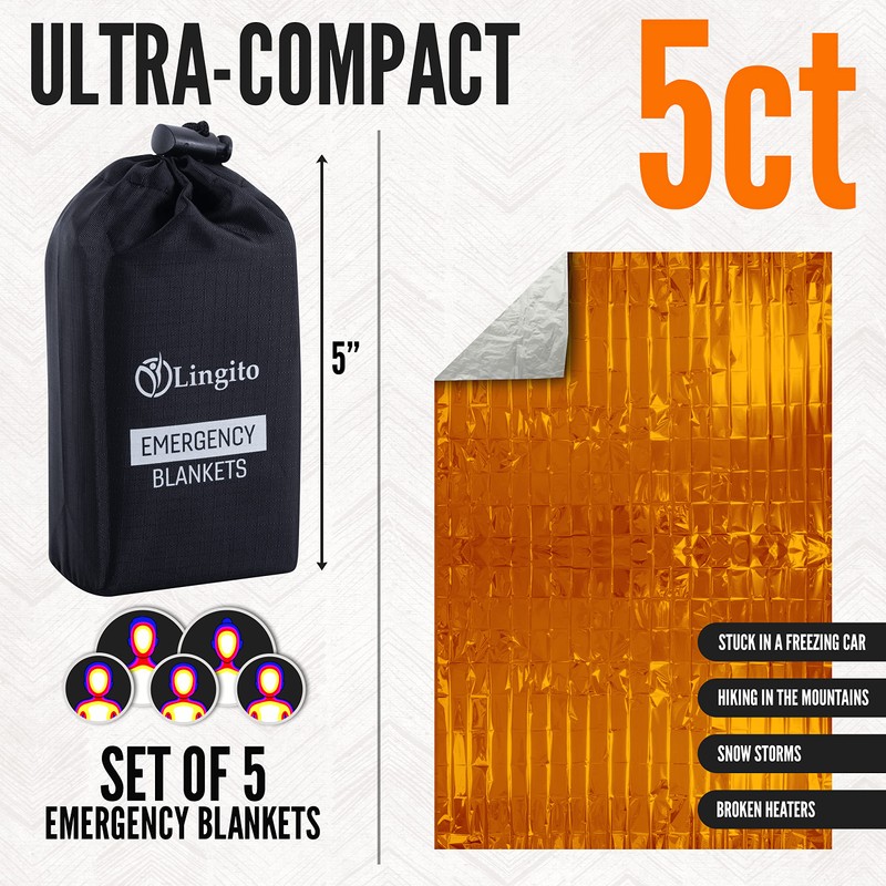 Lingito Survival Blanket, Emergency Blankets Camping, Hiking, Traveling, Heavy Duty