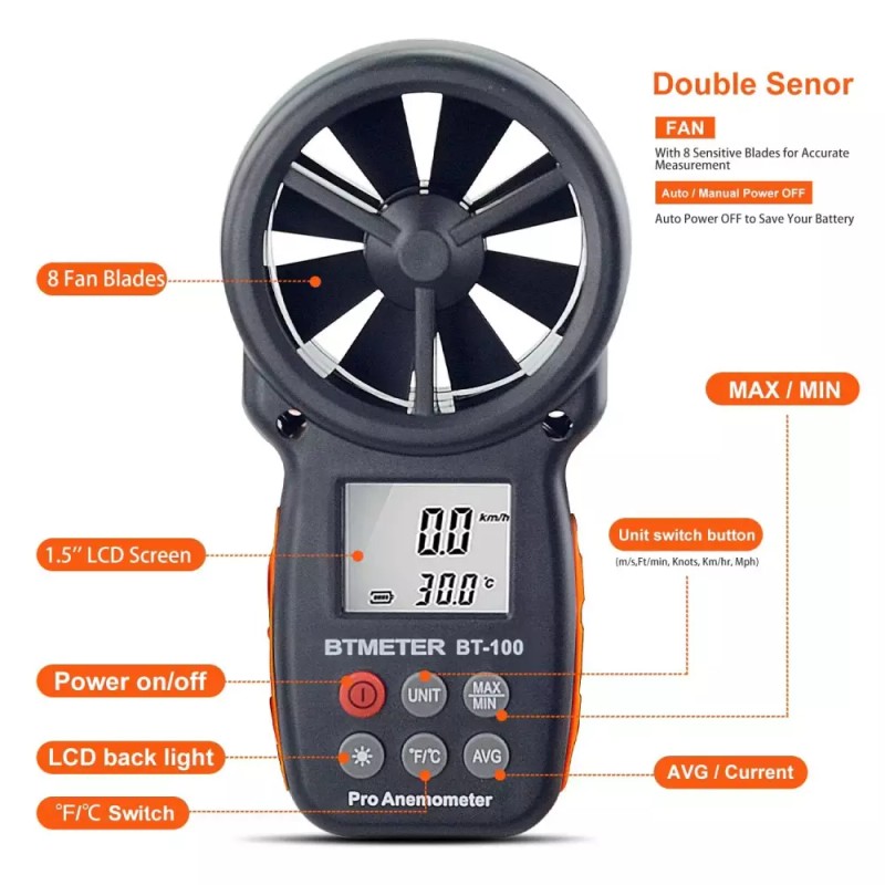 BTMETER BT-100 휴대용 풍속계 디지털 풍속 CFM 미터 게이지 공기