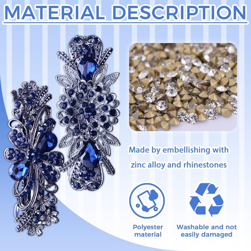 2Pcs Set Elegant Hair Accessories, Crystal Vintage Blue Hair Barrettes
