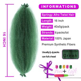 Afro Twist Hair 6Packs Springy Afro Twist Hair Synthetic Marley Hair Crochet Braiding Hair (16 Inch (Pack of 6), D-Green) …