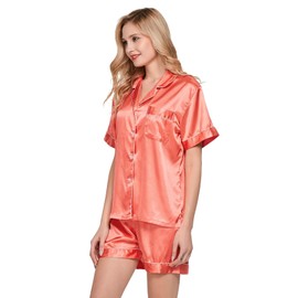TONY AND CANDICE Women's Satin Sleepwear Short Sleeve Pajamas Set Button Down Nightwear (X-Large, Living Coral)