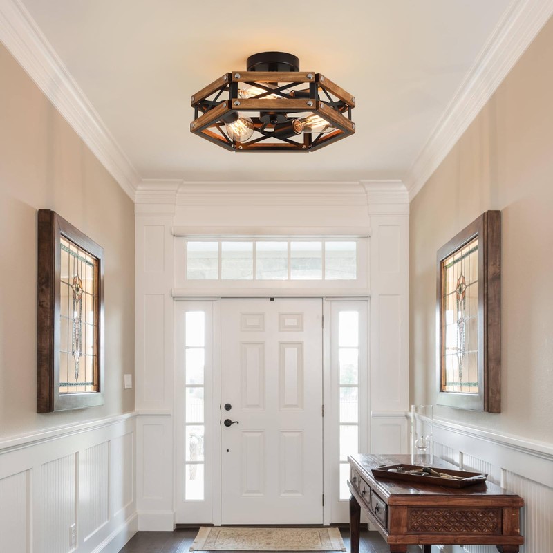 3-Light Rustic Farmhouse Wood Flush Mount Ceiling Light Fixture Oak