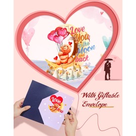 JMHACHY Pop Up Valentine's Day Card - Cute Teddy Bear 3D Anniversary Cards with Envelopes, Heart-shaped Balloons Love You to The Moon and Back Card for Wife Husband Him Her Boyfriend Girlfriend