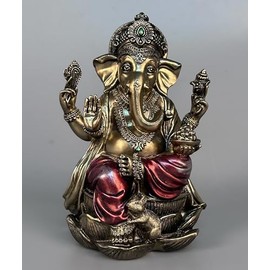 JORAE Estatua Ganesh Elefante Buda Sentado en Lotus Pedestal Lord Blessing Decoración del Hogar Dios Hindú Coleccionable Acabado de Bronce Antiguo, Fi