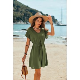 Ekouaer Women's Cover Ups Casual Swimsuit Coverups Flowy Tie Waist Beach Cover Up Dress(Army Green, Medium)