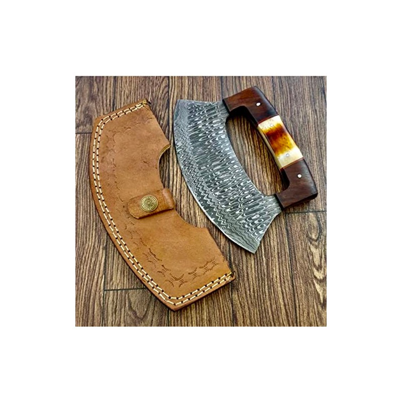 TTC-111 Handmade Damascus Ulu kitchen Knife -Wood Handle (Bone/wood Handle)