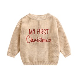 Baby Christmas Sweater Boy Girl Chunky Knit Long Sleeve Crewneck Embroidery Sweatshirt Toddler Pullover Tops (My 1st Christmas Sweater Beige, 0-3 Months)