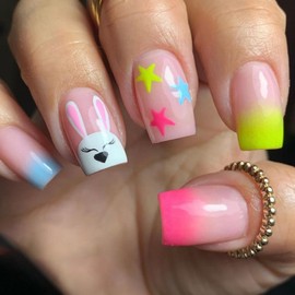 Gradient Neon Press on Nails Square Glue on Nails Glossy Full Cover Acrylic Easter False Nails with Rabbit Star Designs Colourful Ombre Artificial Fake Nails with Glue Stick on Fingernails for Women