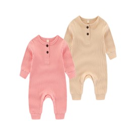 Chamie Baby Romper Newborn Knitted Jumpsuit Long Sleeve Baby Boys Girls Footless One-Piece Suit, 0-24 Months, Almond + Pink Baby romper