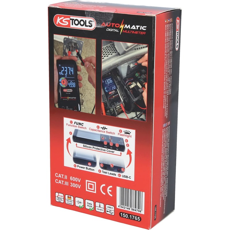 KS Tools 150.1765 Automatic Digital Multimeter with Test Probes Red/Black