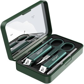Nice 5-in-1 Premium Grooming Set: Nail Clipper, File, Ear Pick, Facial Hair Scissors, and Mirror in Elegant Storage Box - Manicure Pedicure Kit With Slant Edge Toenail Clipper