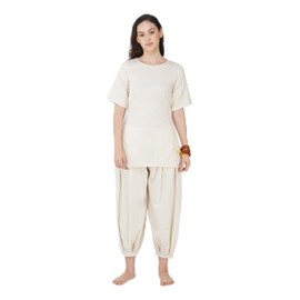 AKISO women Chakra Yoga Set Of 2 (Top & Pants) 100% Cotton Long Kurta Type Top Mid Waist Pants Elasticised Back Relaxed Fit | Size : S White