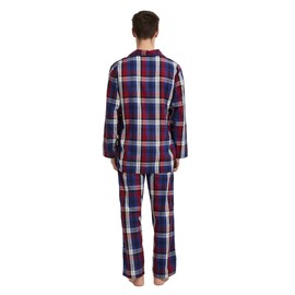 GLOBAL Pantalones de pijama 100% algodón para hombre, pantalones de dormir tejidos elásticos con cordón, Cuadros azules y rojos, X-Large