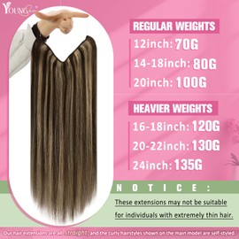 YoungSee Invisible Wire Extensions Human Hair Highlight Wire Real Hair Extensions Highlight Dark Brown with Blonde Fish Wire Hair Extensions for Women 20inch 100g