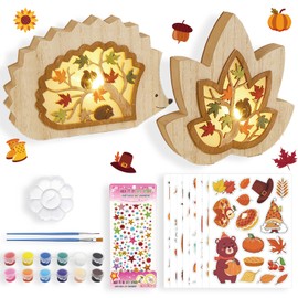 Shinybox Autumn Decoration Lamp, 3D Wooden LED Decoration Lantern, Pack of 2 DIY Autumn Decoration with 8 Autumn Stickers + 12 Colours of Colour, Autumn Wooden Ornament for Party Thanksgiving Indoor
