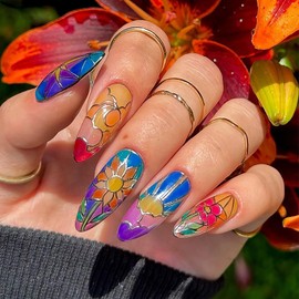 Spring Press on Almond Nails Medium Glossy Full Cover Almond French False Nails with Floral Designs Artificial Almond Shaped Fake Nails with Charms Glue Stick ons Fingernails for Women Girls(W1753)
