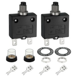 sourcing map 2PCS 30A Thermal Circuit Breakers, 125/250V AC,32/50V DC Manual Reset Push Button Overload Protector Circuit Breaker with Waterproof Button Caps Quick Connector Terminals, L-MC